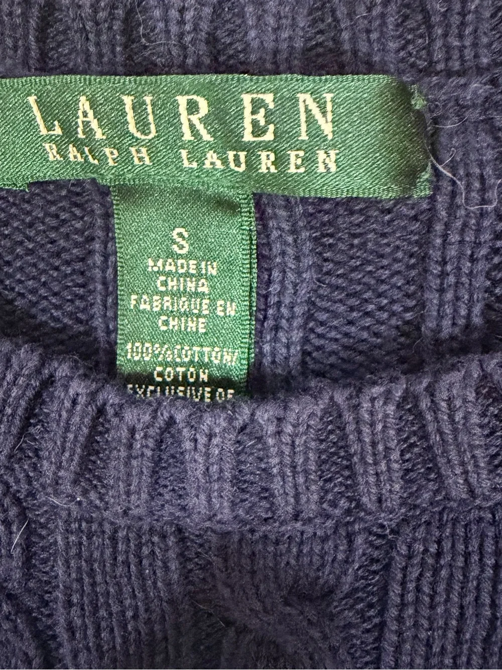 Lauren Ralph Lauren Navy Cable Knit Sweater S 100% Cotton RL Logo Old Money Fall